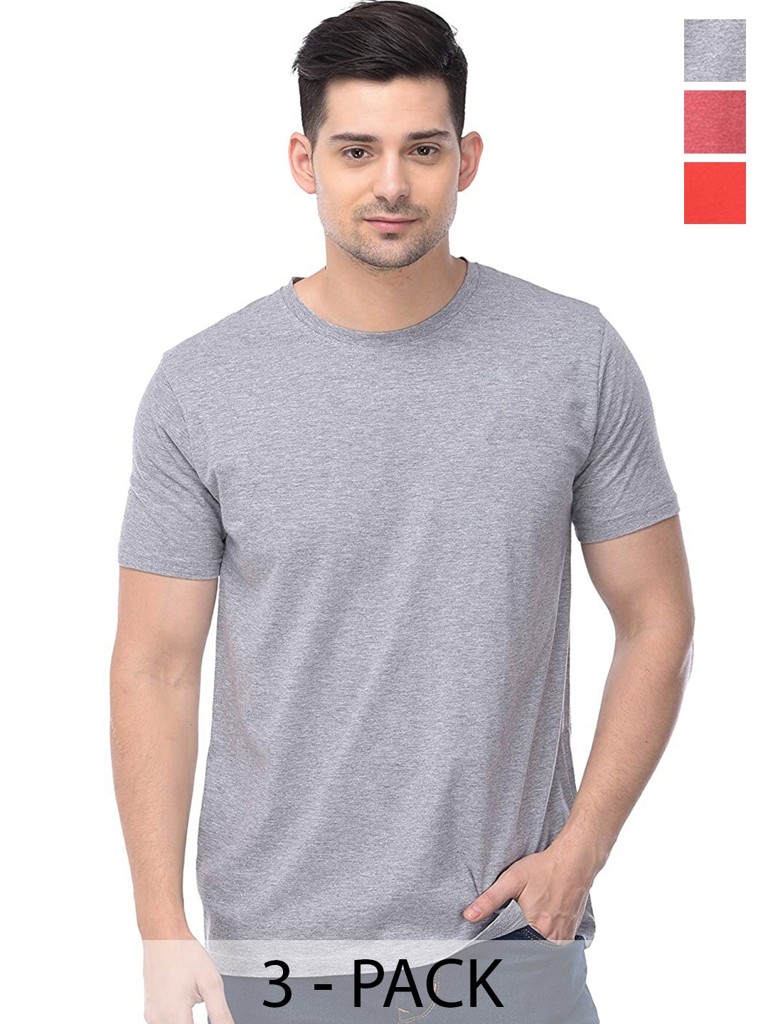 

COLOR CAPITAL Pack Of 3 Round Neck Short Sleeves Cotton T-shirts, Grey
