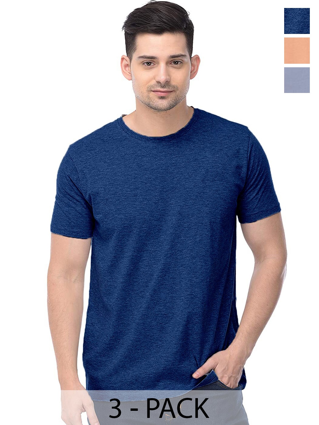 COLOR CAPITAL Unisex Pack Of 3 Round Neck Cotton Casual T-shirt, Blue