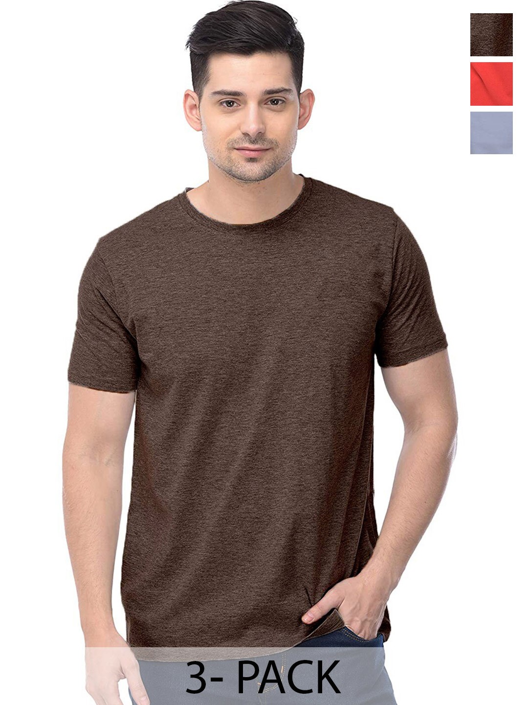 

COLOR CAPITAL Unisex Pack Of 3 Round Neck Cotton Casual T-shirt, Brown