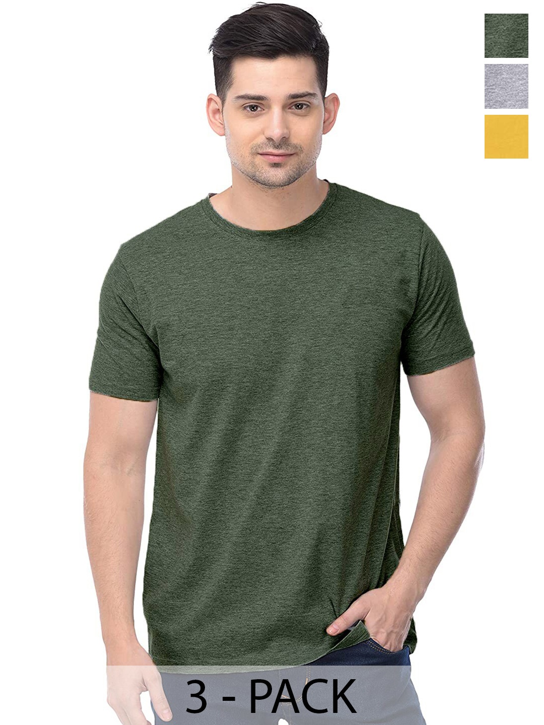 COLOR CAPITAL Unisex Pack Of 3 Regular Fit Cotton T-Shirts, Mustard