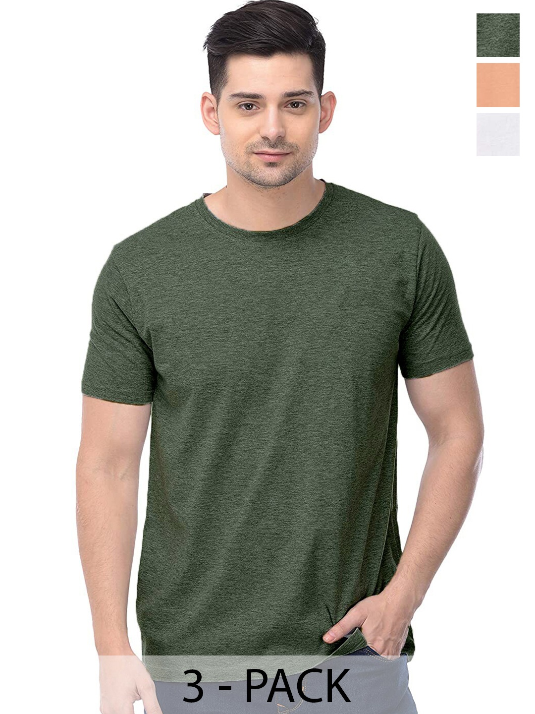 

COLOR CAPITAL Pack Of 3 Round Neck Short Sleeves Cotton T-shirts, Green