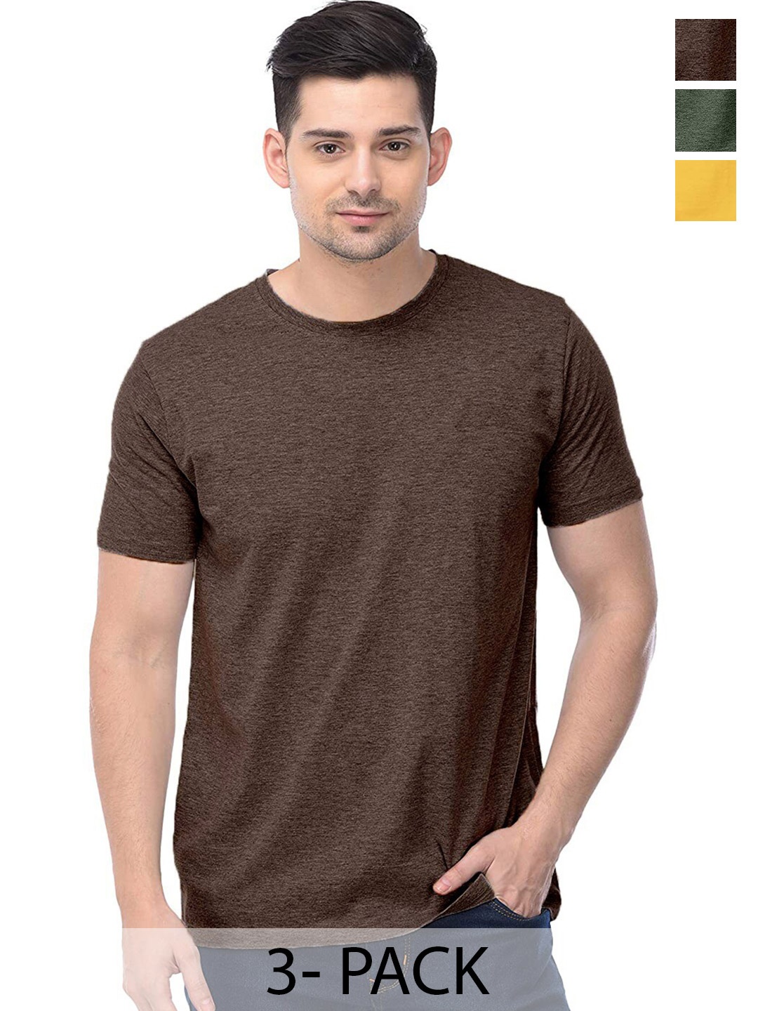 

COLOR CAPITAL Pack Of 3 Round Neck Cotton T-shirt, Brown