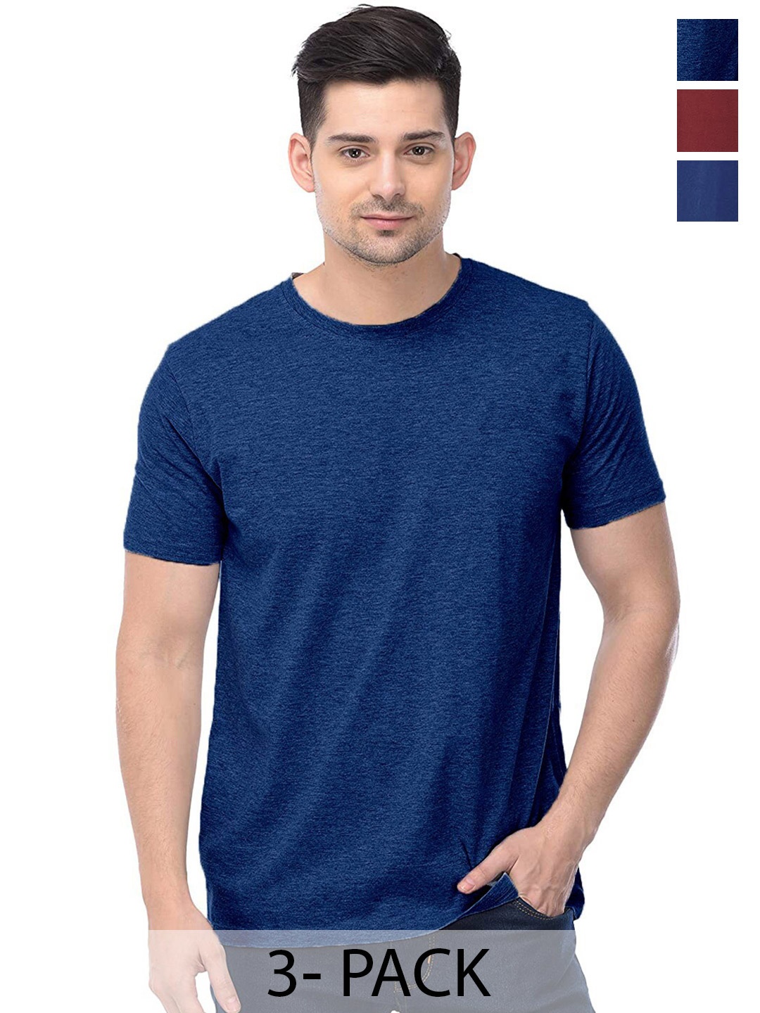 COLOR CAPITAL Pack Of 3 Round Neck Short Sleeves Cotton T-shirts, Navy blue