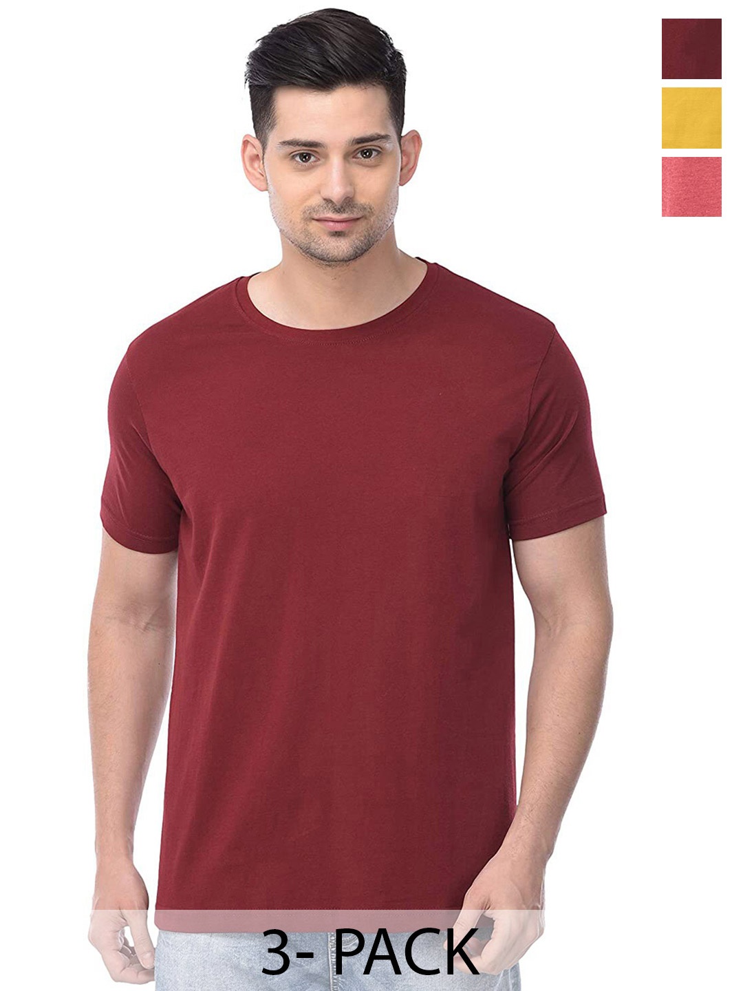 

COLOR CAPITAL Pack Of 3 Round Neck Short Sleeves Cotton T-shirts, Maroon