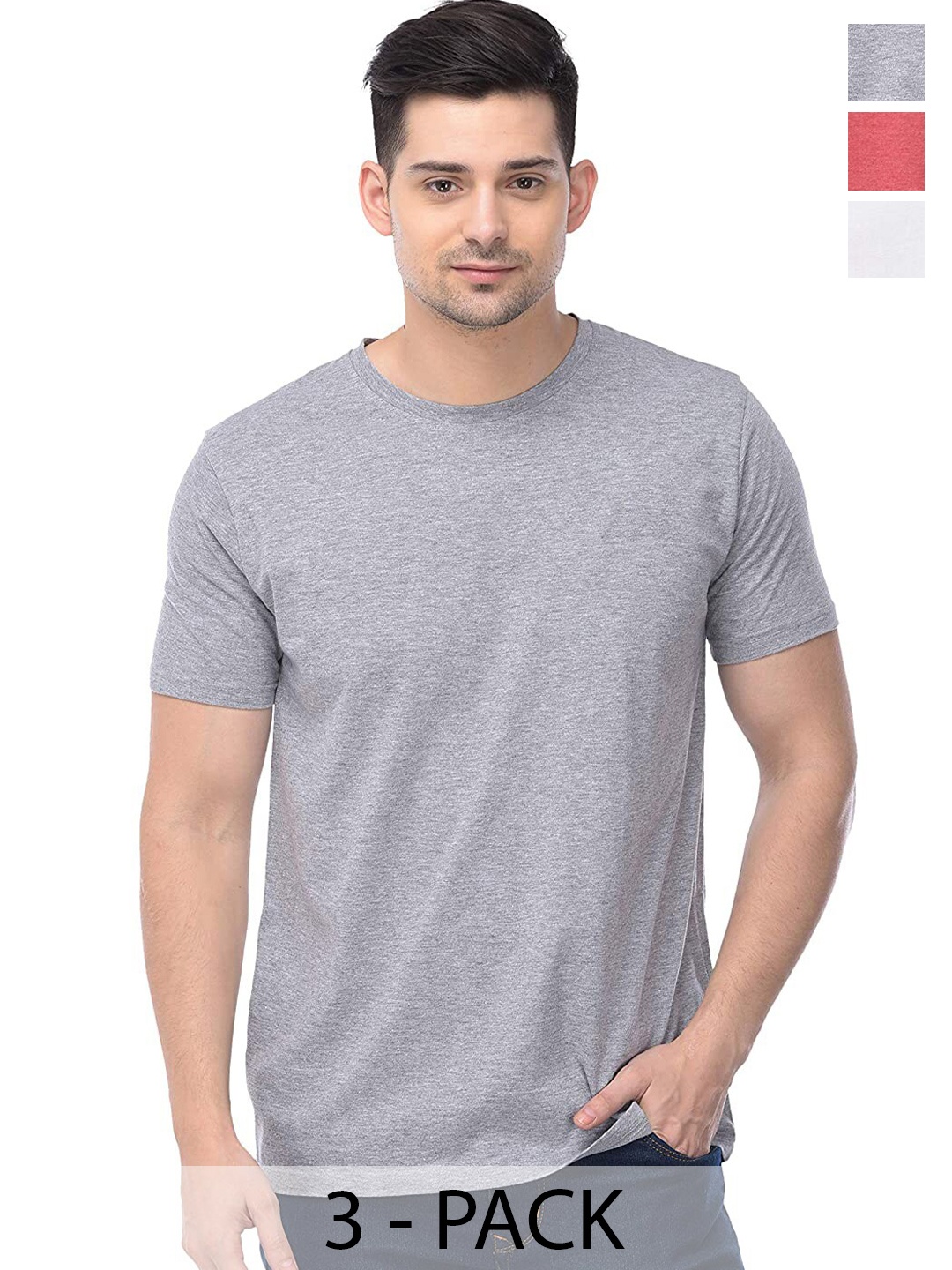 

COLOR CAPITAL Pack Of 3 Round Neck Cotton T-shirts, Grey