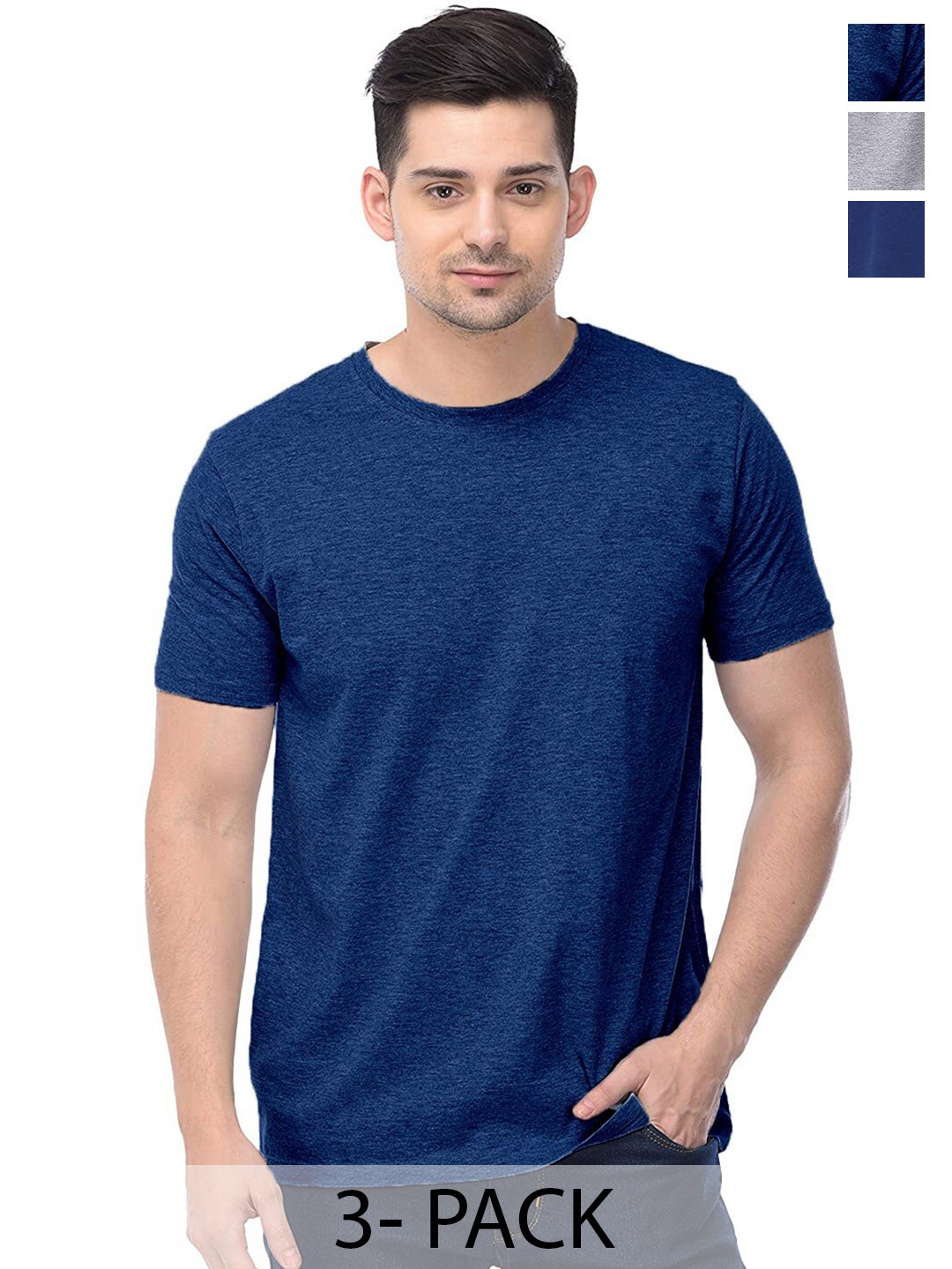 COLOR CAPITAL Unisex Pack Of 3 Cotton T-Shirt, Navy blue