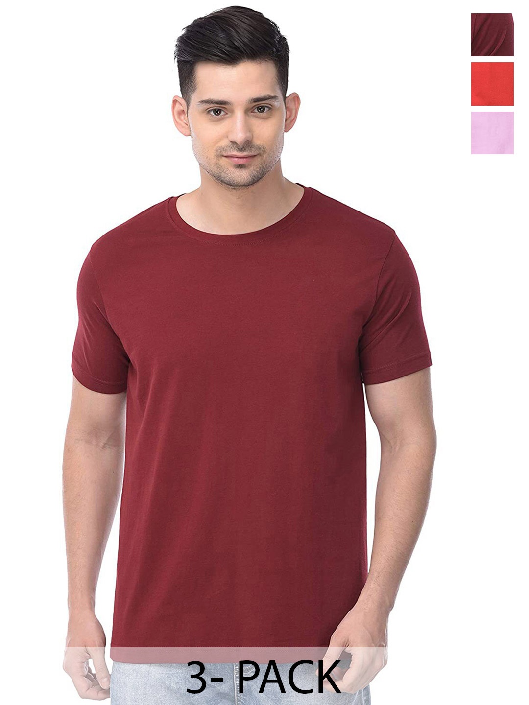 

COLOR CAPITAL Unisex Pack Of 3 Round Neck Casual Cotton T-shirt, Maroon
