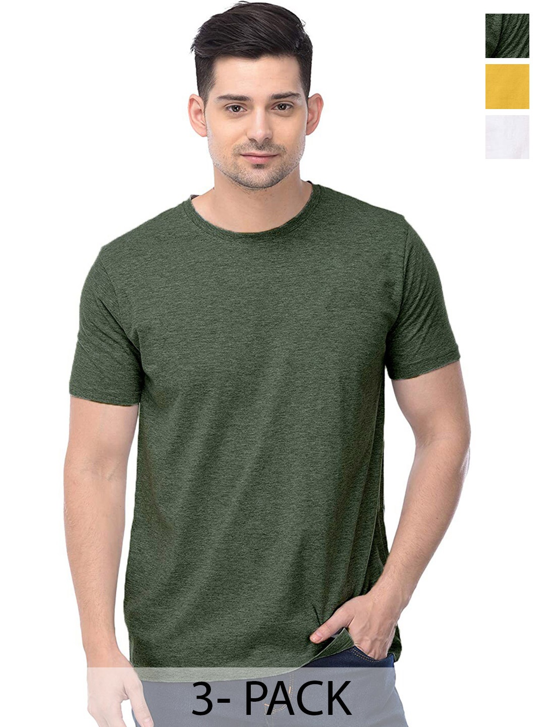 COLOR CAPITAL Pack Of 3 Round Neck Cotton T-shirts, Green