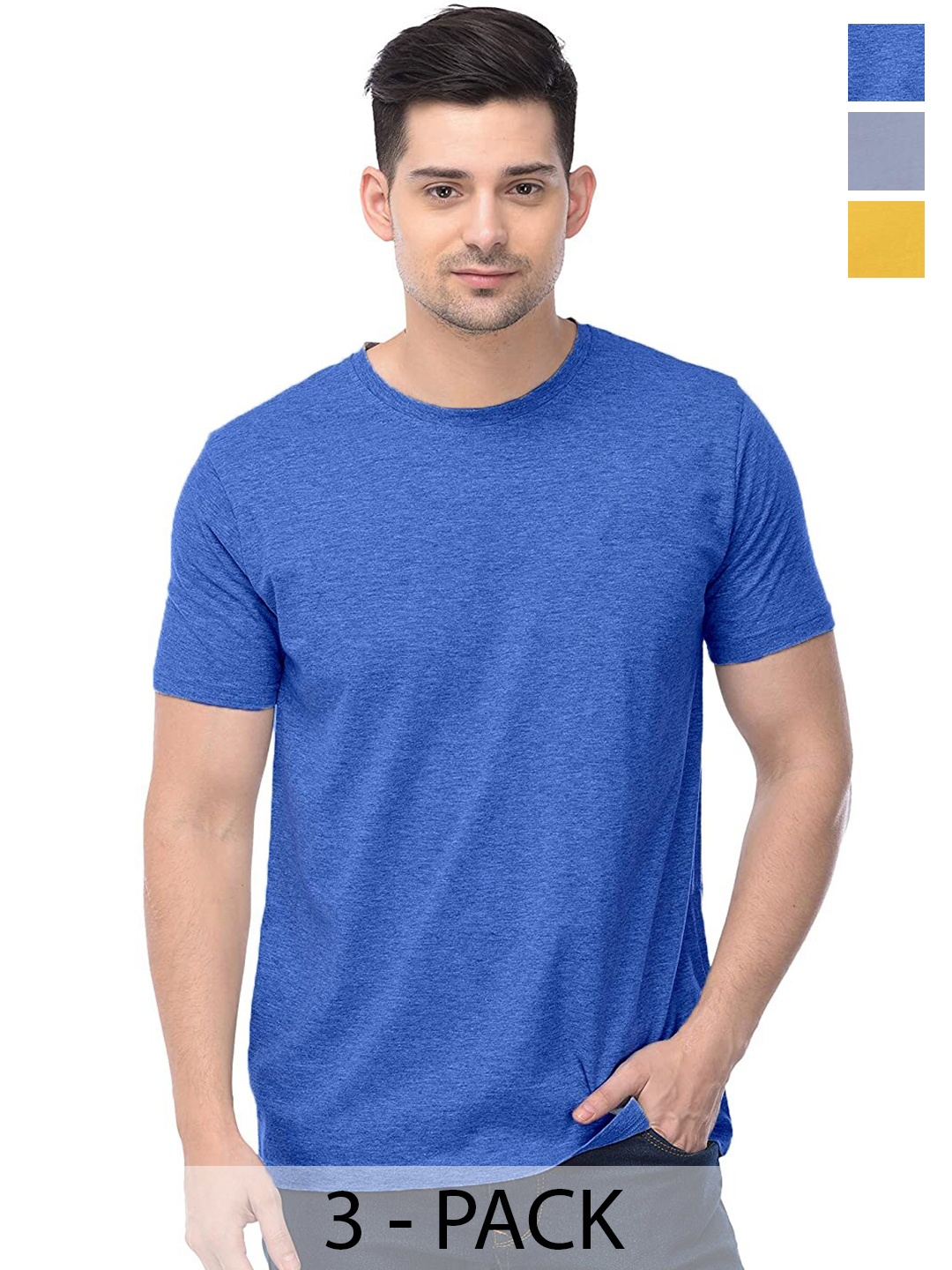 

COLOR CAPITAL Unisex Pack Of 3 Round Neck Cotton T-shirts, Blue