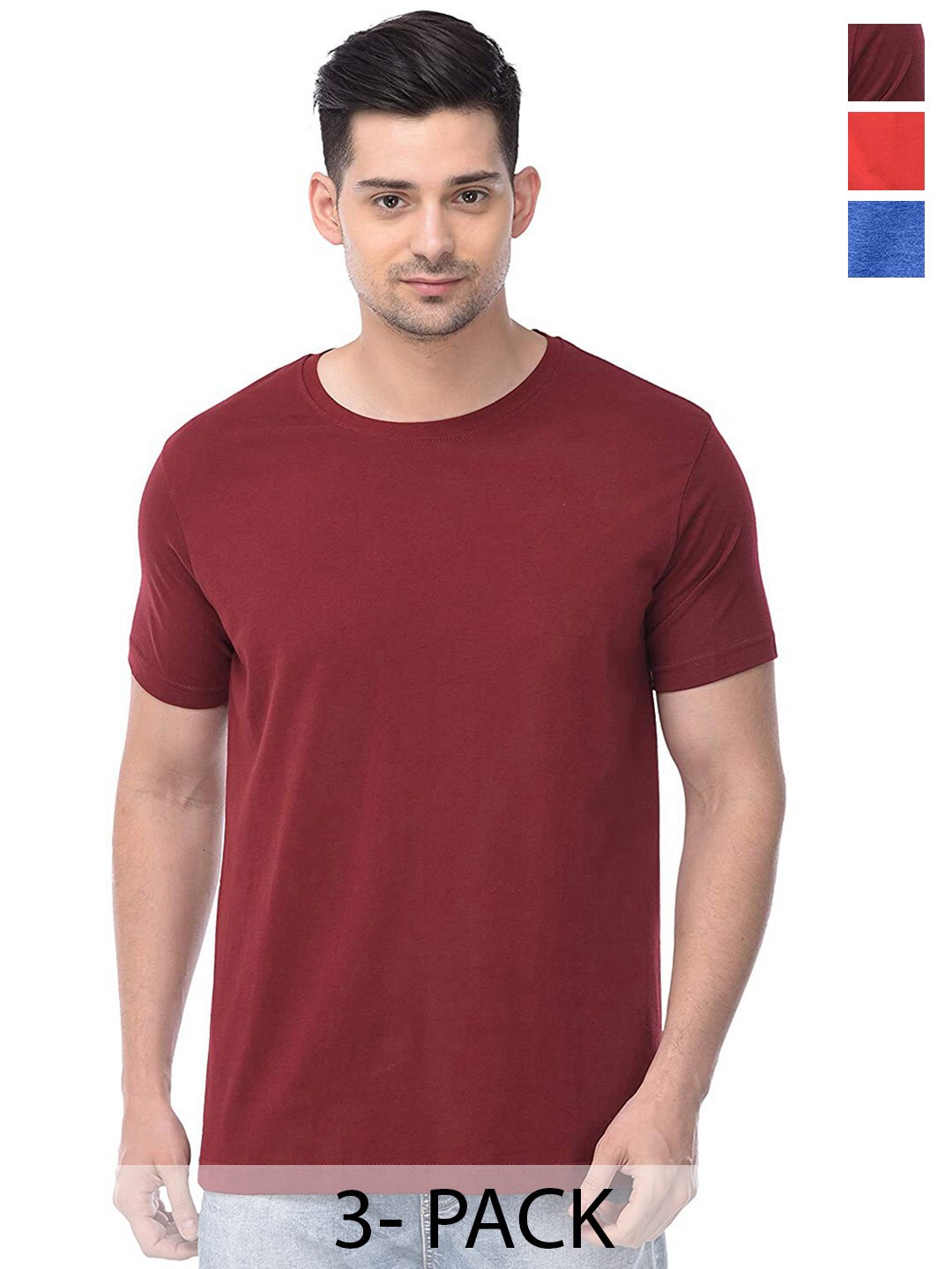 

COLOR CAPITAL Pack Of 3 Round Neck Cotton T-shirts, Maroon
