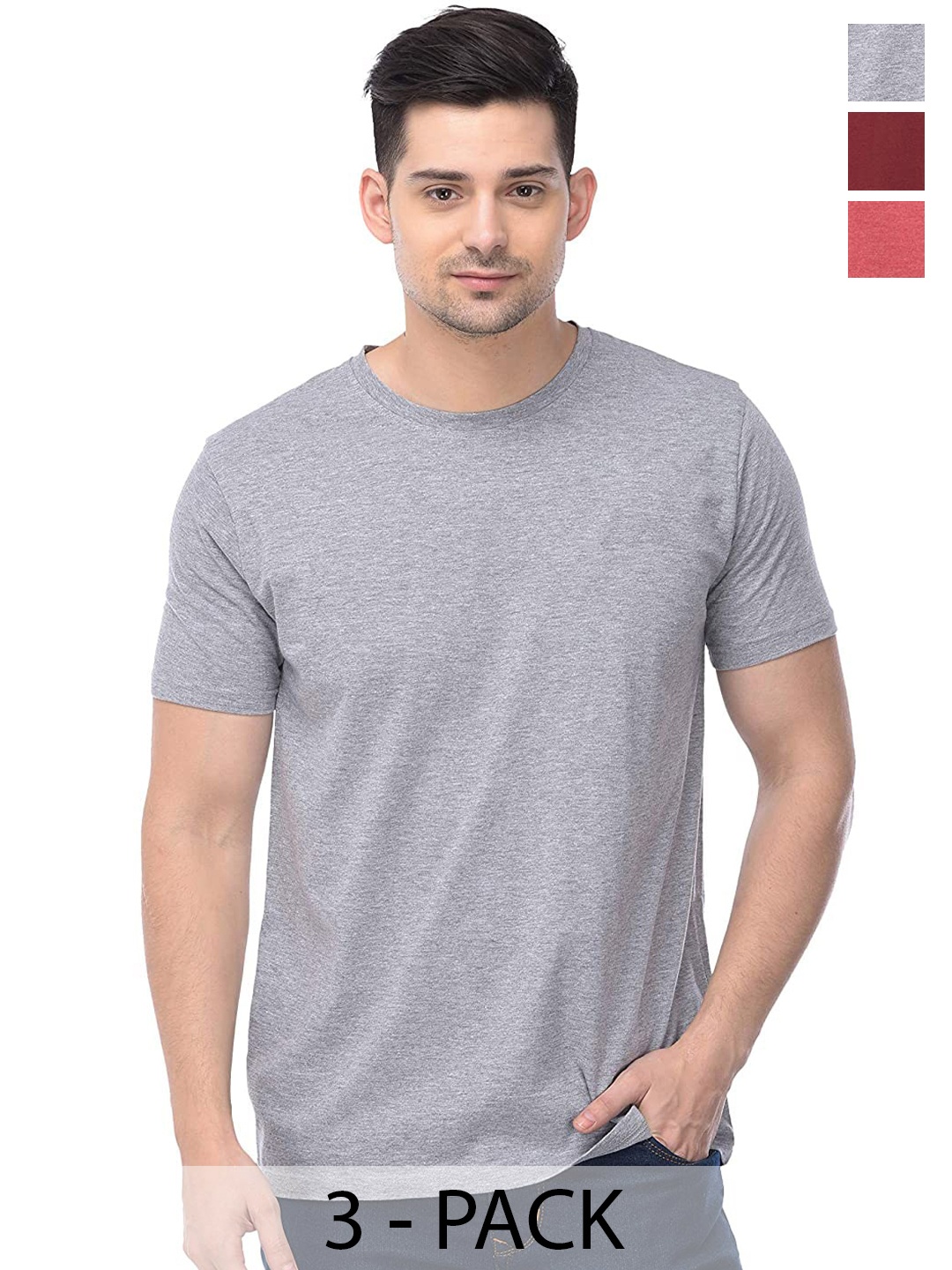 COLOR CAPITAL Pack Of 3 Round Neck Cotton T-shirt, Grey