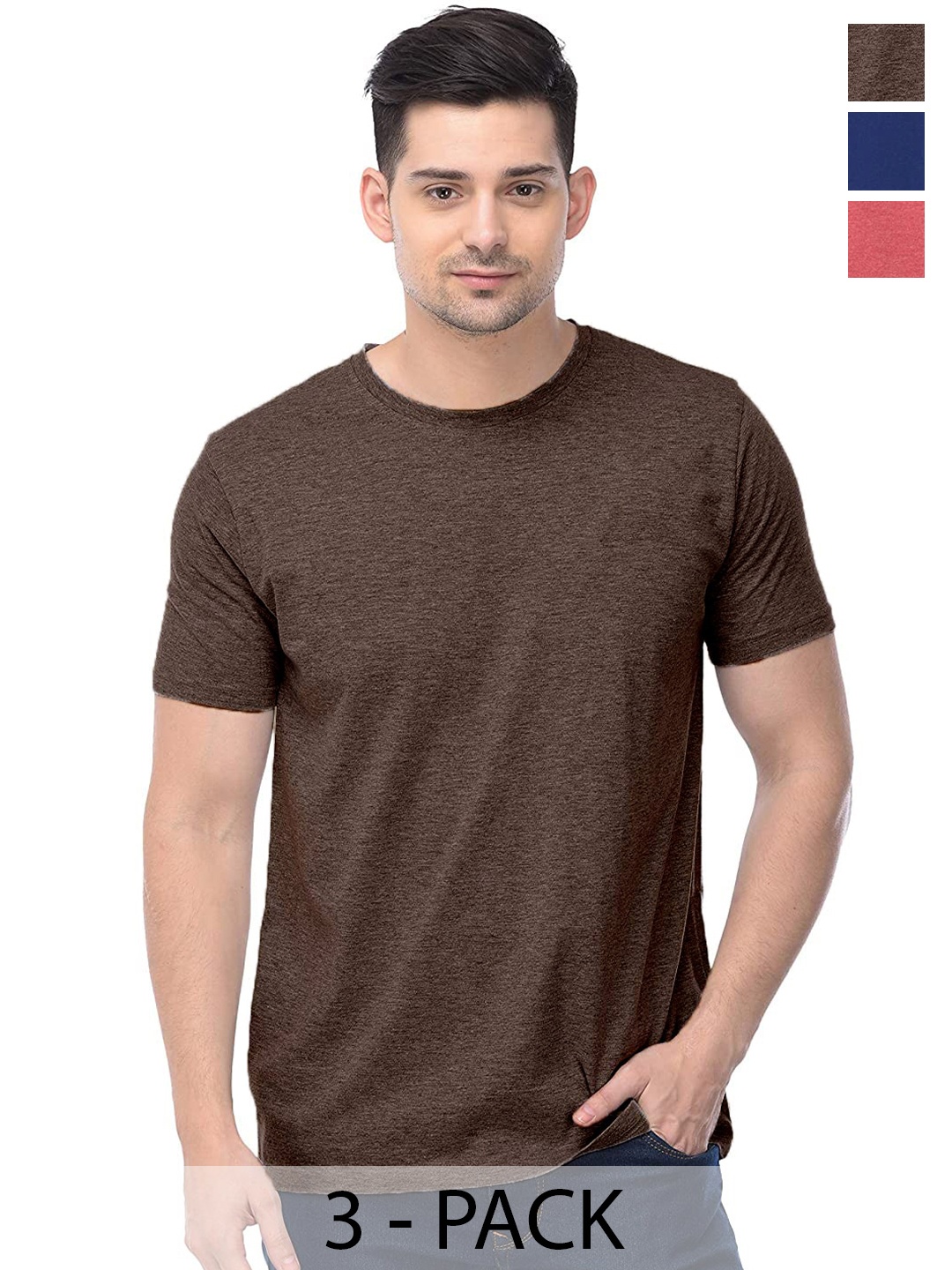 

COLOR CAPITAL Pack Of 3 Round Neck Cotton T-shirts, Brown