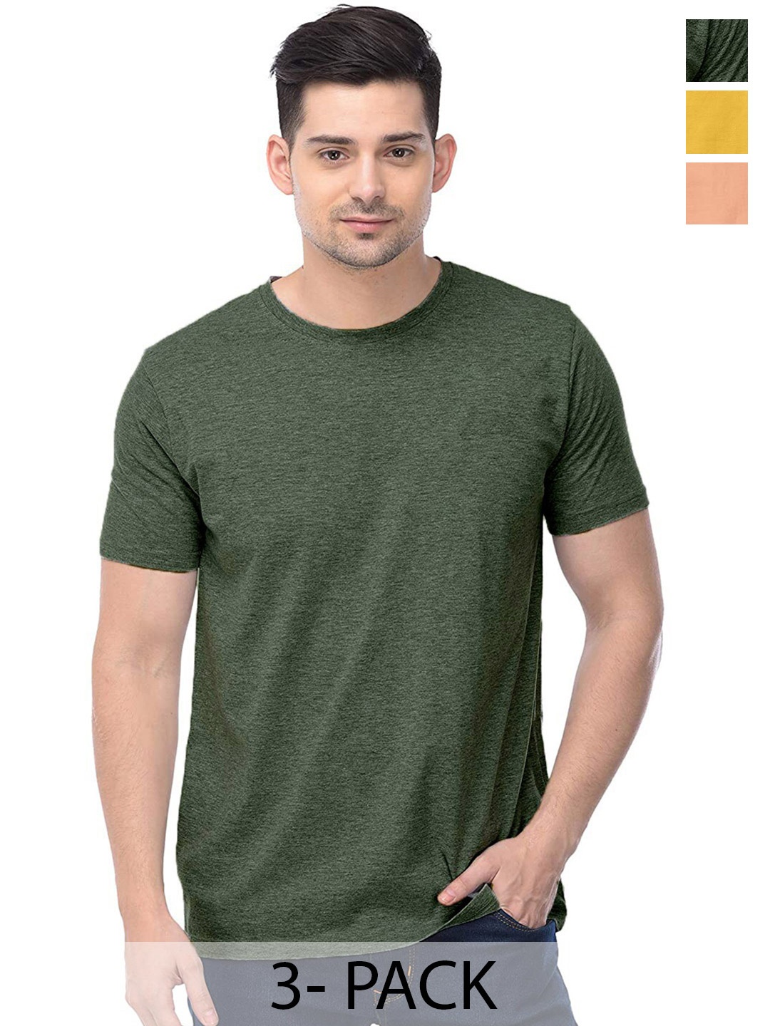

COLOR CAPITAL Unisex Pack Of 3 Round Neck Cotton Casual T-shirt, Green
