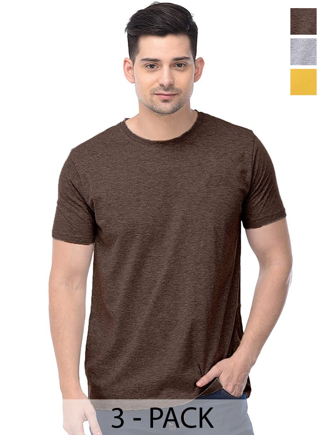 

COLOR CAPITAL Unisex Pack Of 3 Round Neck Cotton T-shirts, Brown
