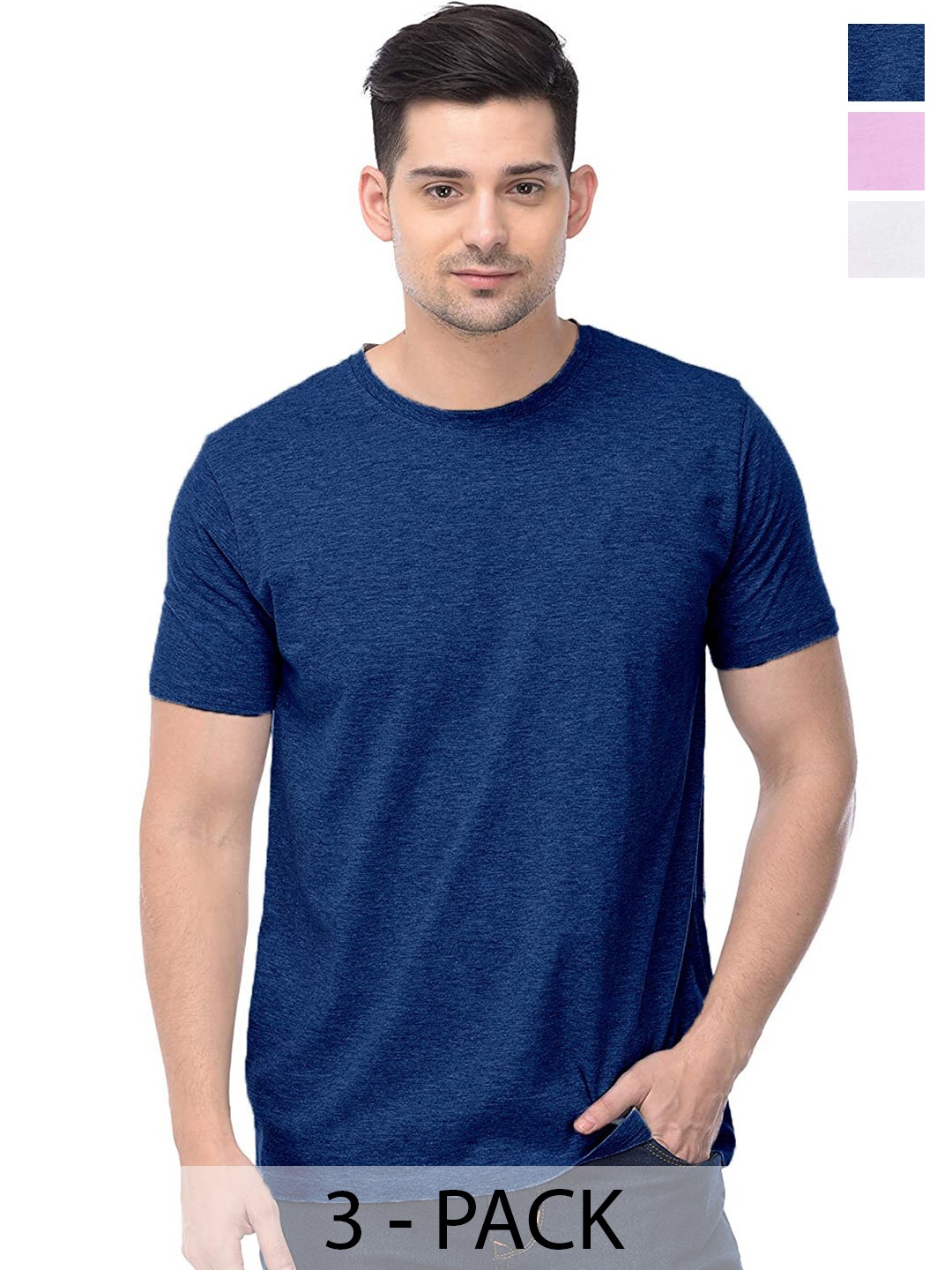 

COLOR CAPITAL Pack Of 3 Round Neck Short Sleeves Cotton T-shirts, Navy blue