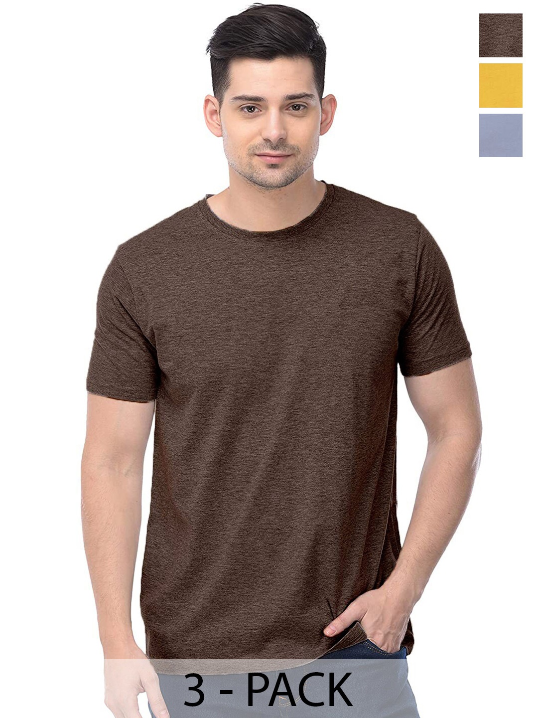 COLOR CAPITAL Pack Of 3 Round Neck Cotton T-shirt, Brown