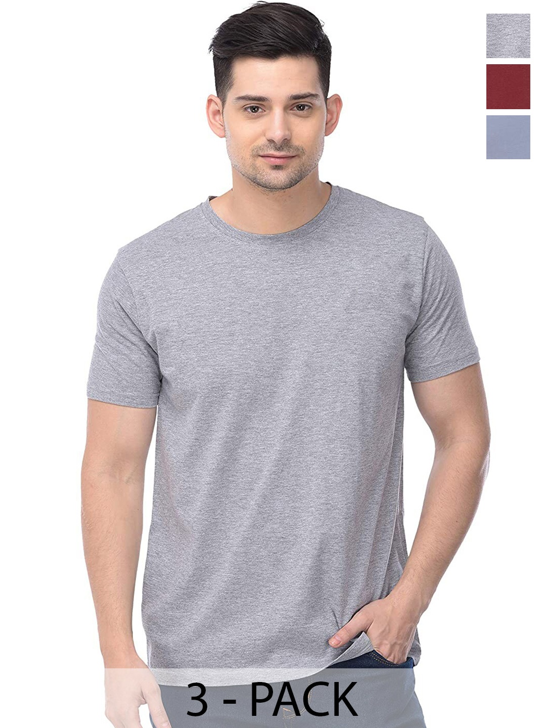 COLOR CAPITAL Pack Of 3 Cotton T-shirt, Grey