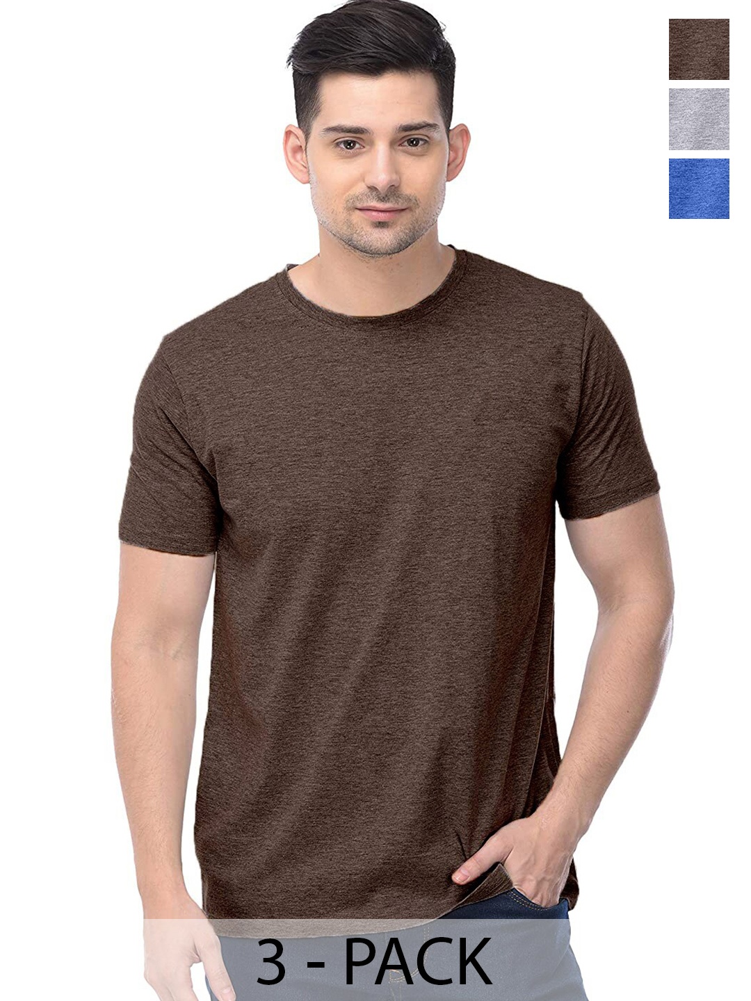 

COLOR CAPITAL Unisex Pack Of 3 Regular Fit Cotton T-Shirts, Coffee brown