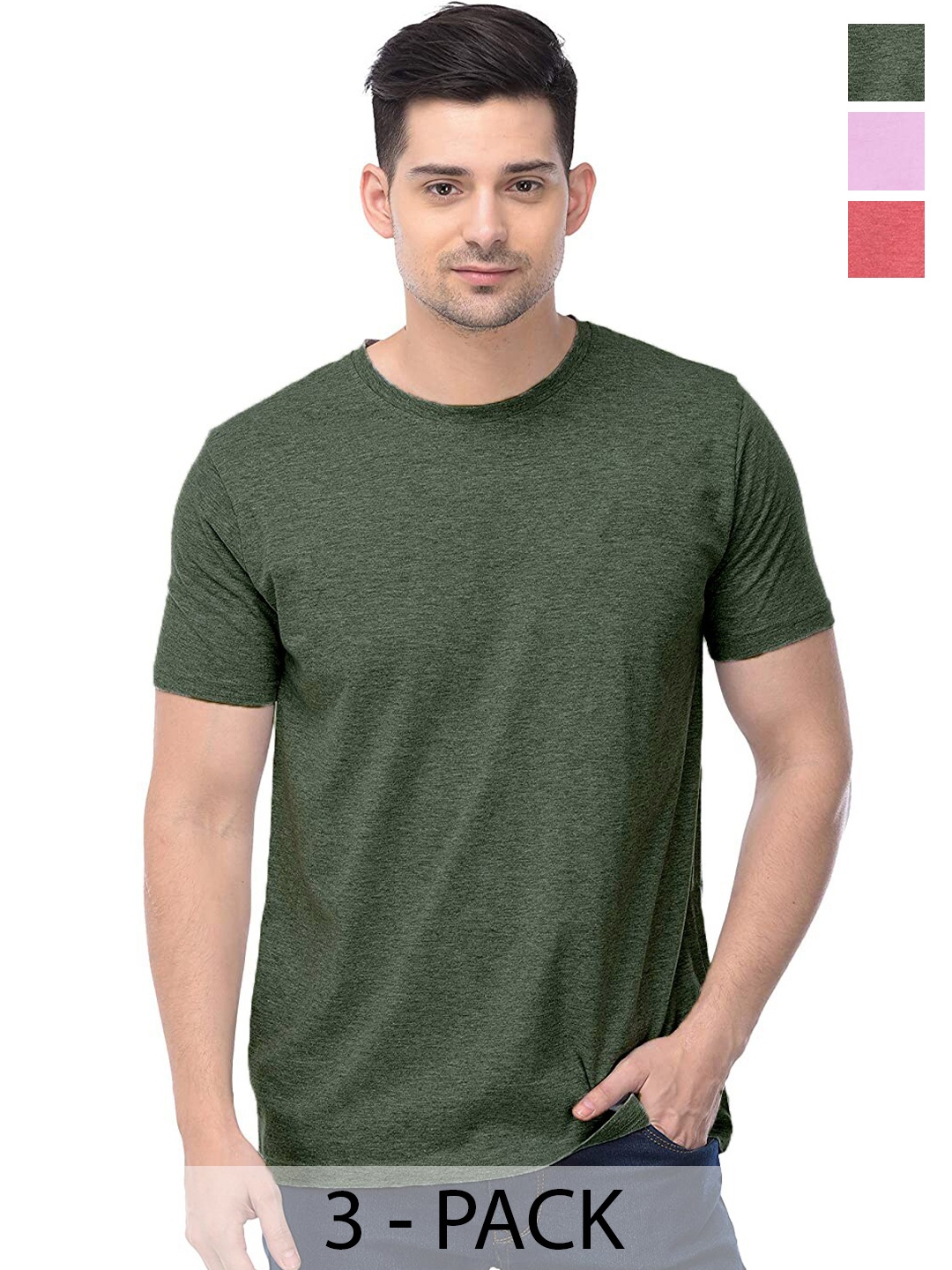 

COLOR CAPITAL Pack Of 3 Round Neck Short Sleeves Cotton T-shirts, Green