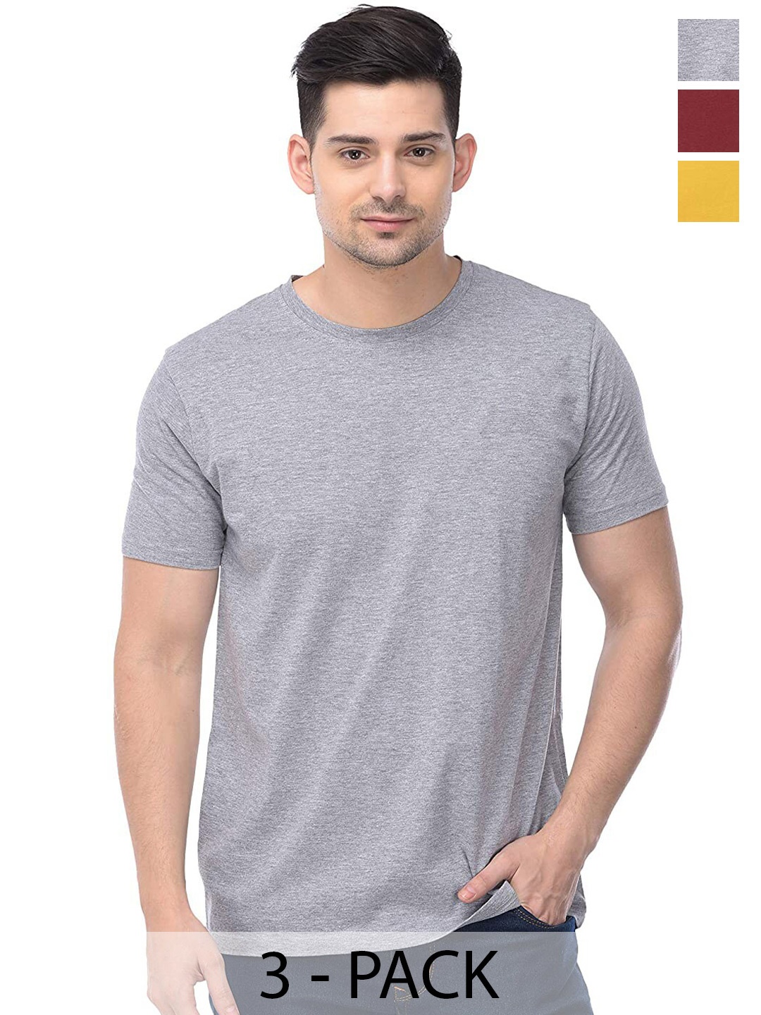 COLOR CAPITAL Pack Of 3 Round Neck Cotton T-shirt, Grey