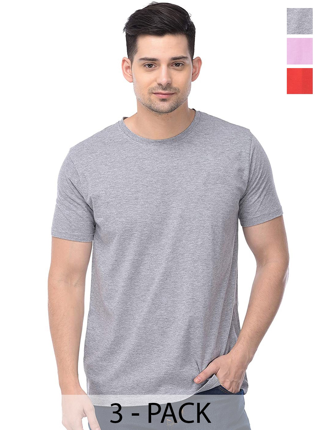 

COLOR CAPITAL Pack Of 3 Round Neck Short Sleeves Cotton T-shirts, Grey