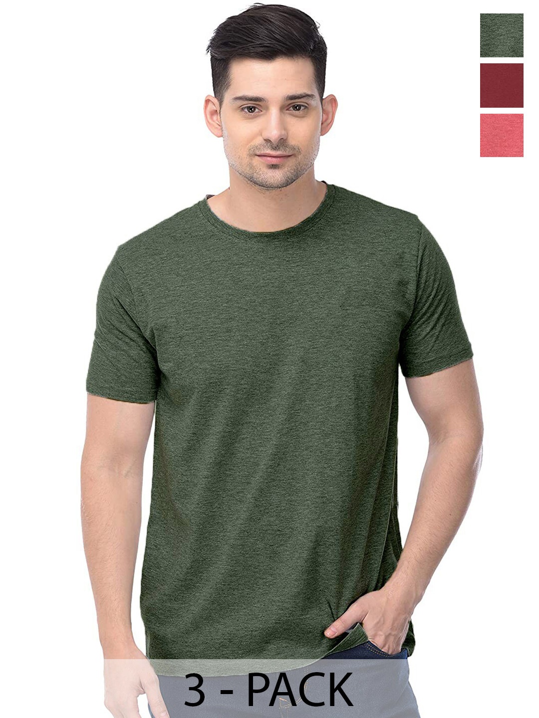 

COLOR CAPITAL Unisex Pack Of 3 Regular Fit Cotton T-Shirts, Olive