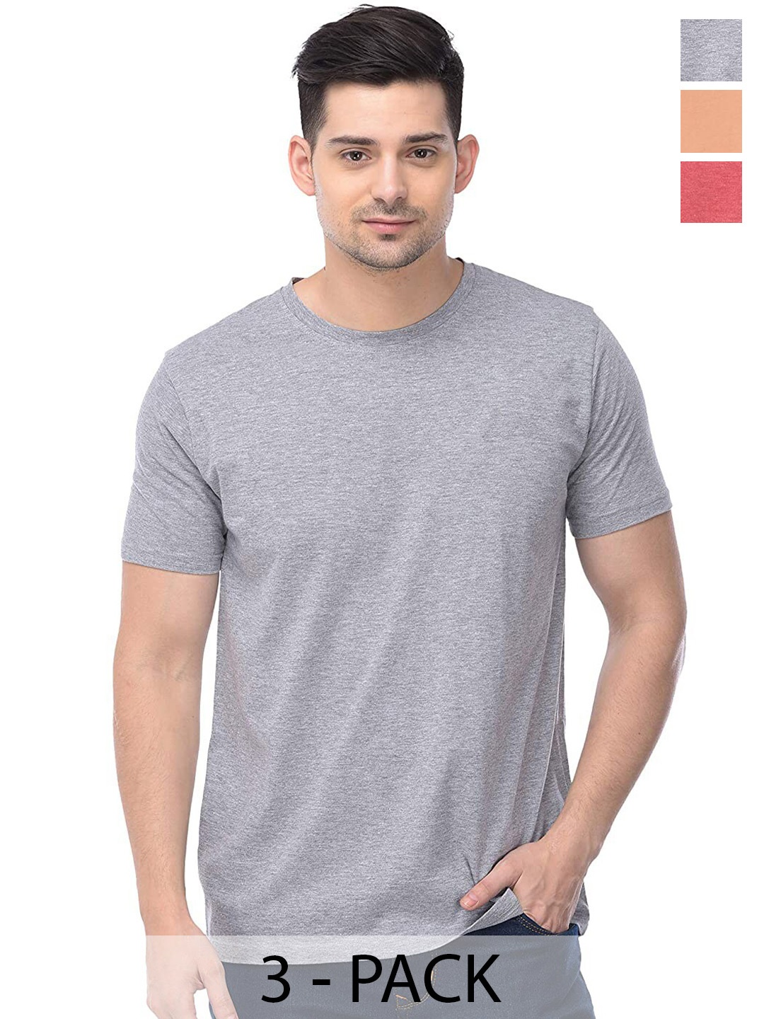 

COLOR CAPITAL Pack Of 3 Round Neck Short Sleeves Cotton T-shirts, Grey