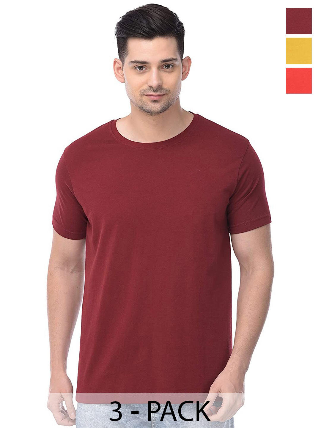 COLOR CAPITAL Pack Of 3 Round Neck Short Sleeves Cotton T-shirts, Maroon