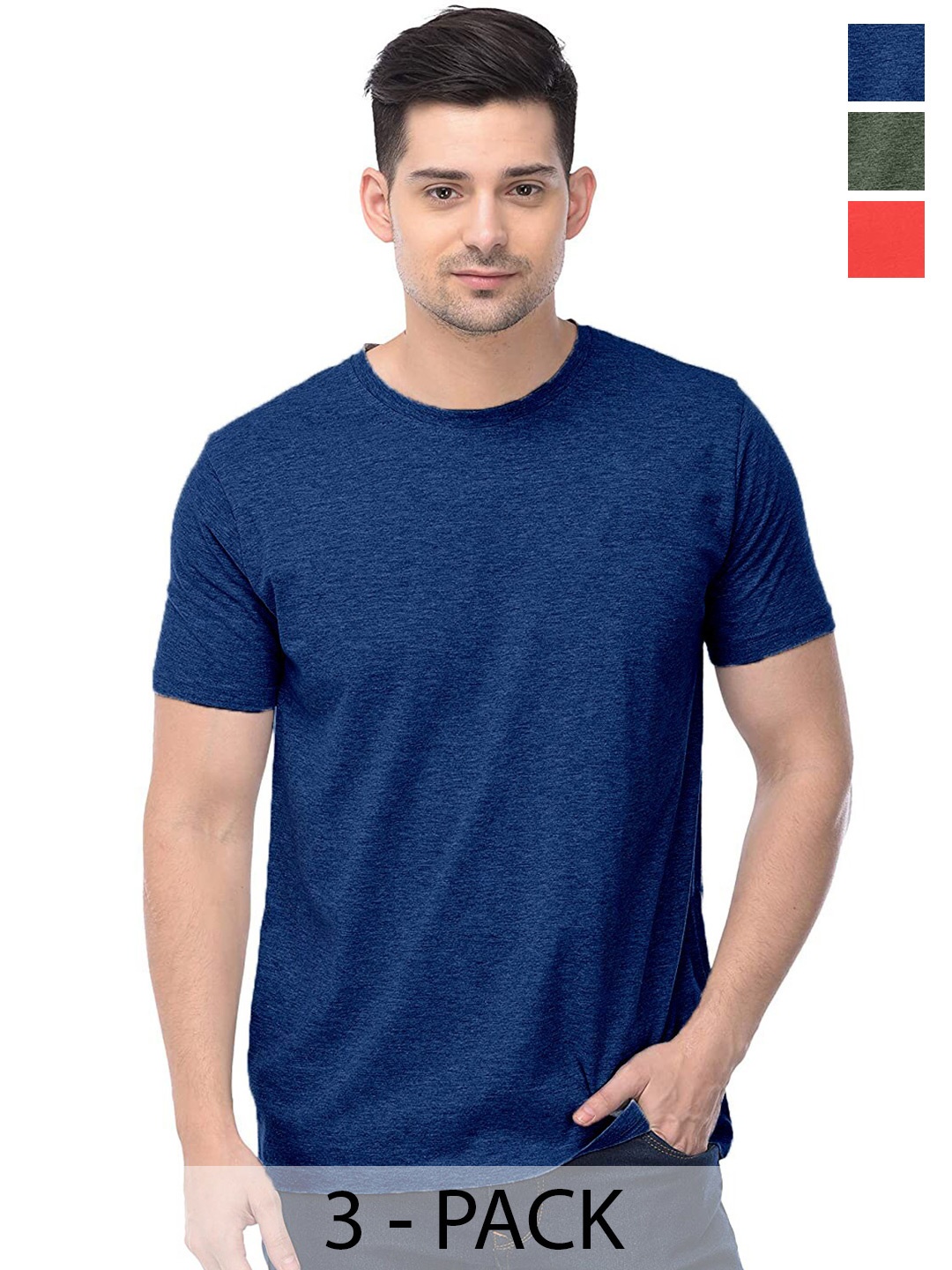 

COLOR CAPITAL Pack Of 3 Round Neck Short Sleeves Cotton T-shirts, Navy blue