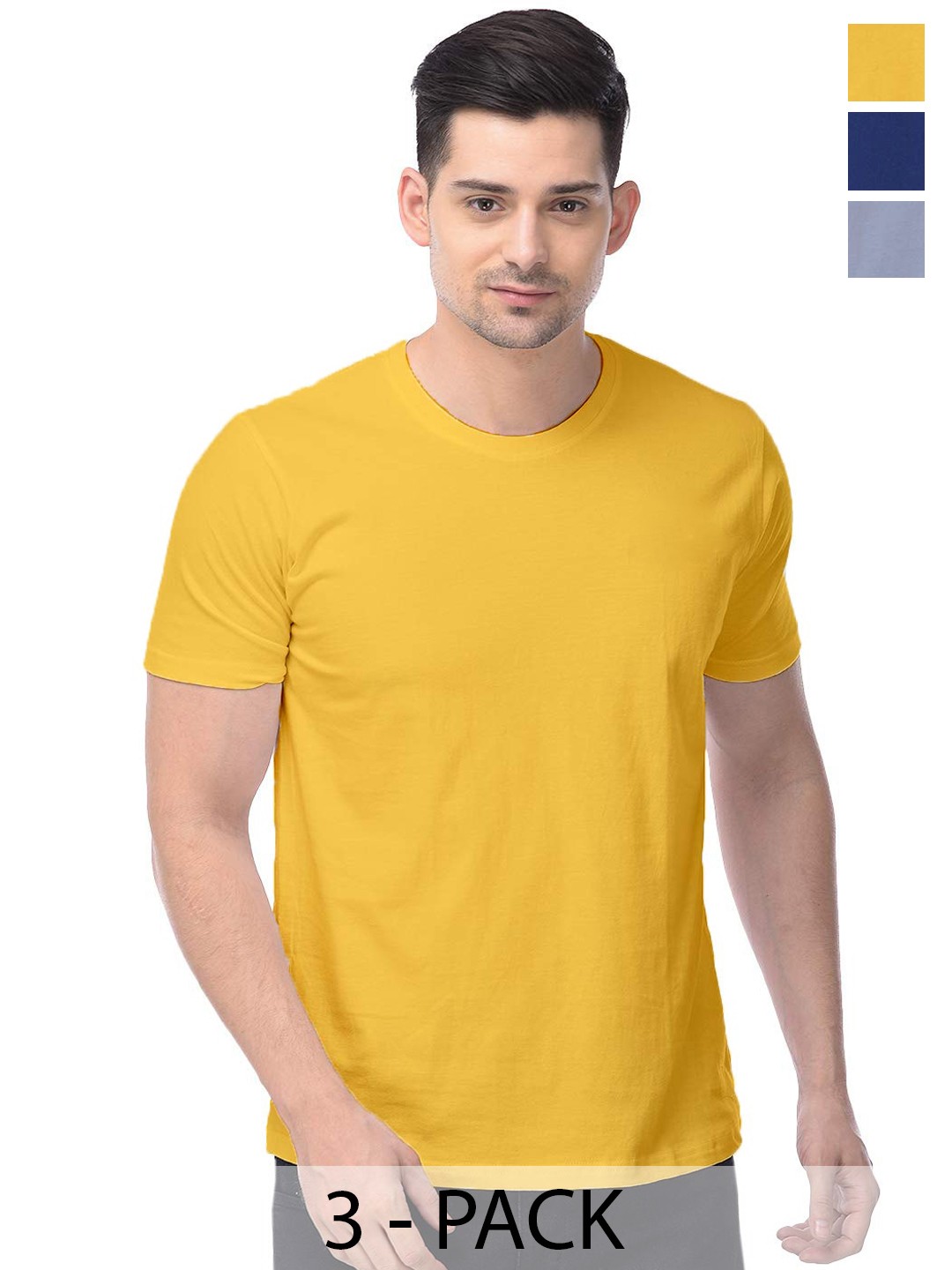

COLOR CAPITAL Pack Of 3 Round Neck Short Sleeves Cotton T-shirts, Yellow