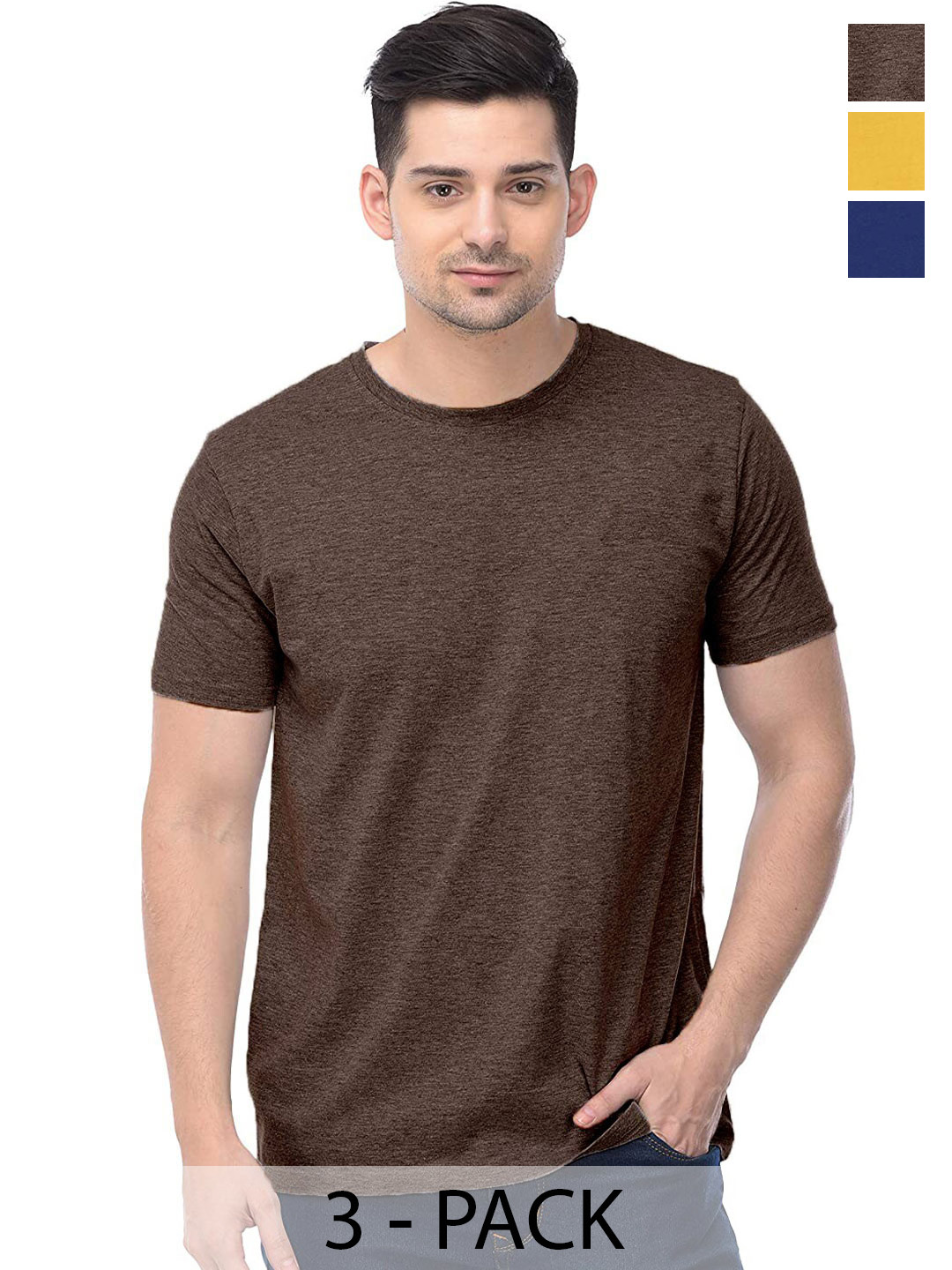 

COLOR CAPITAL Pack Of 3 Round Neck Short Sleeves Cotton T-shirts, Brown