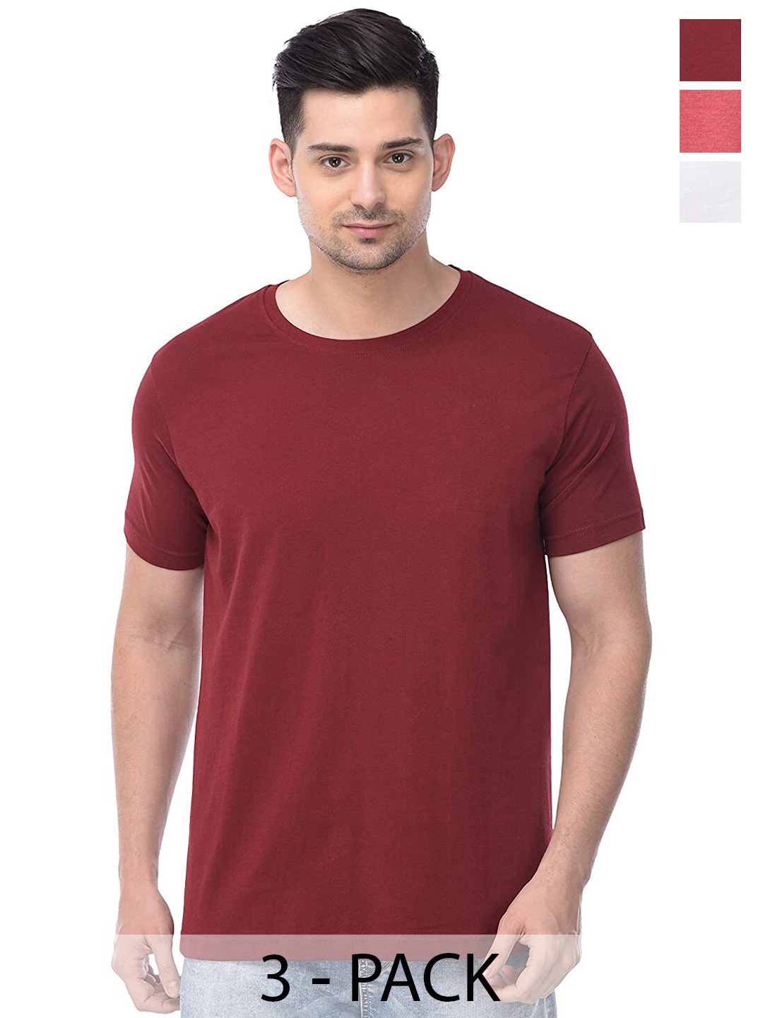 

COLOR CAPITAL Pack Of 3 Round Neck Short Sleeves Cotton T-shirts, Maroon