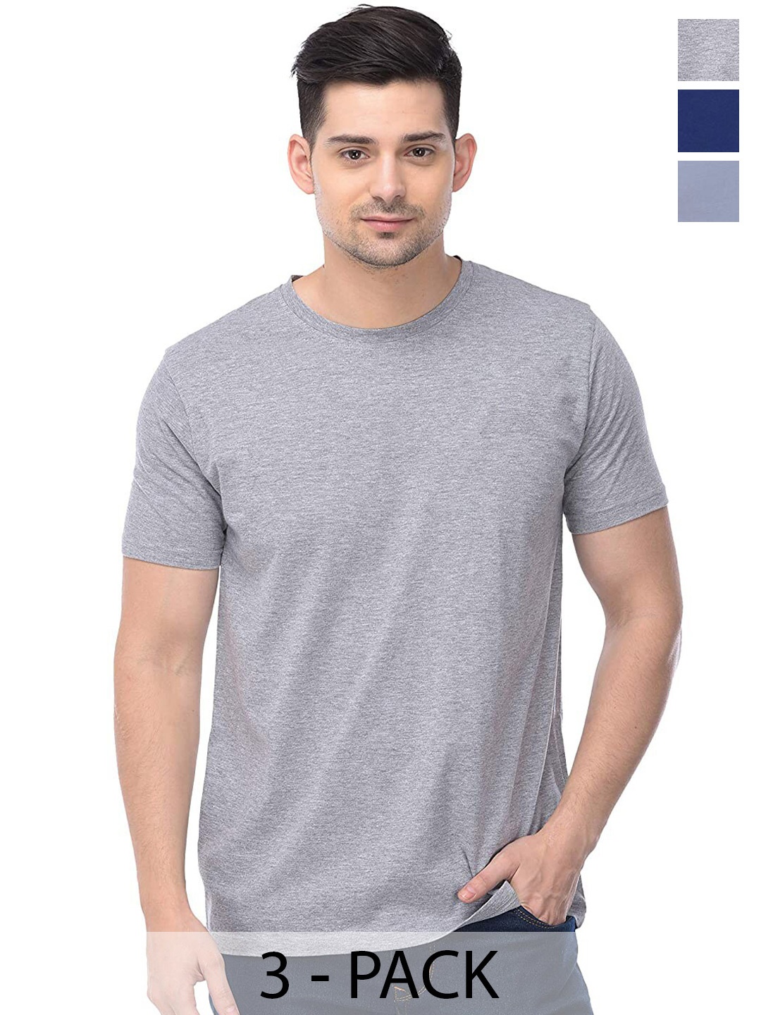

COLOR CAPITAL Pack Of 3 Round Neck Cotton T-shirt, Grey