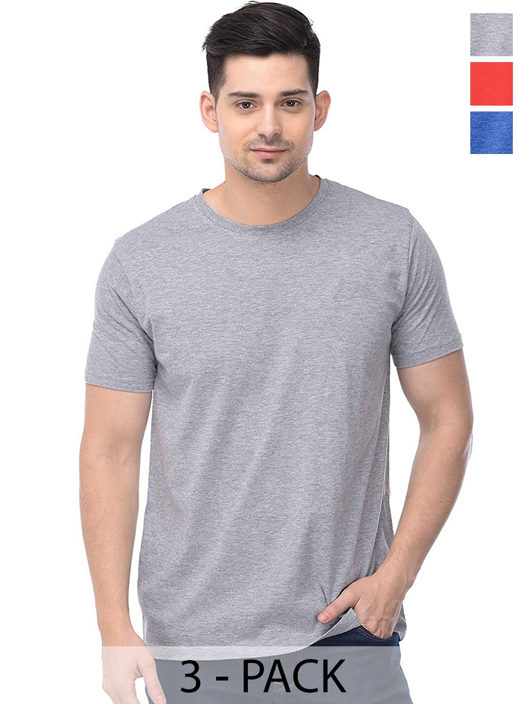 

COLOR CAPITAL Pack Of 3 Round Neck Cotton T-shirt, Grey