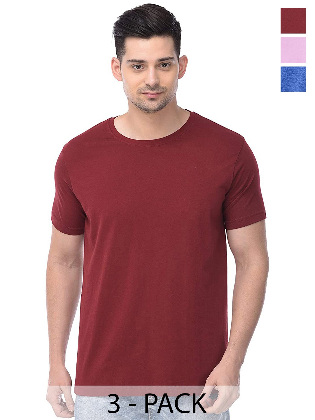 

COLOR CAPITAL Unisex Pack Of 3 Round Neck Cotton T-shirts, Maroon