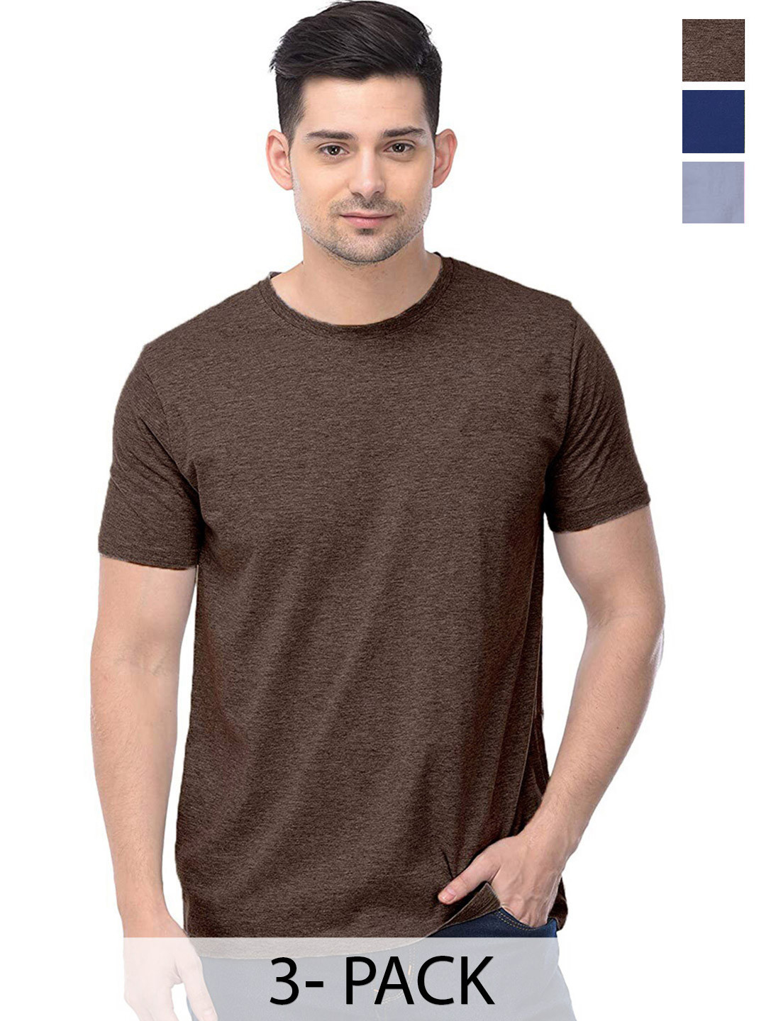 

COLOR CAPITAL Pack Of 3 Round Neck Cotton T-shirt, Brown