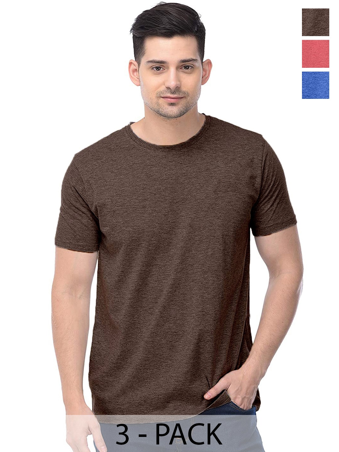 

COLOR CAPITAL Unisex Pack Of 3 Round Neck Casual Cotton T-shirt, Brown