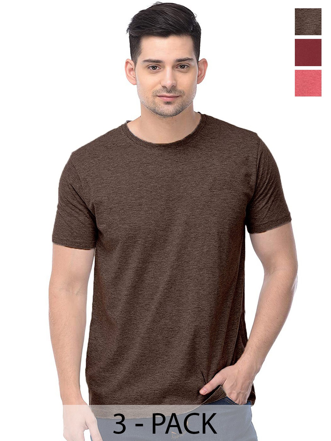 COLOR CAPITAL Pack Of 3 Round Neck Short Sleeves Cotton T-shirts, Brown