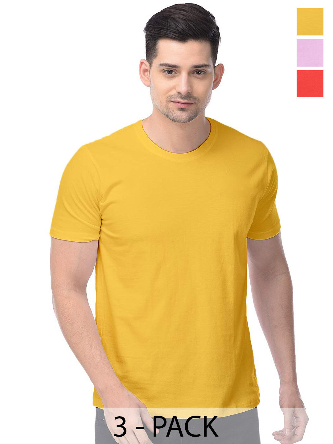 

COLOR CAPITAL Pack Of 3 Round Neck Cotton T-shirt, Yellow