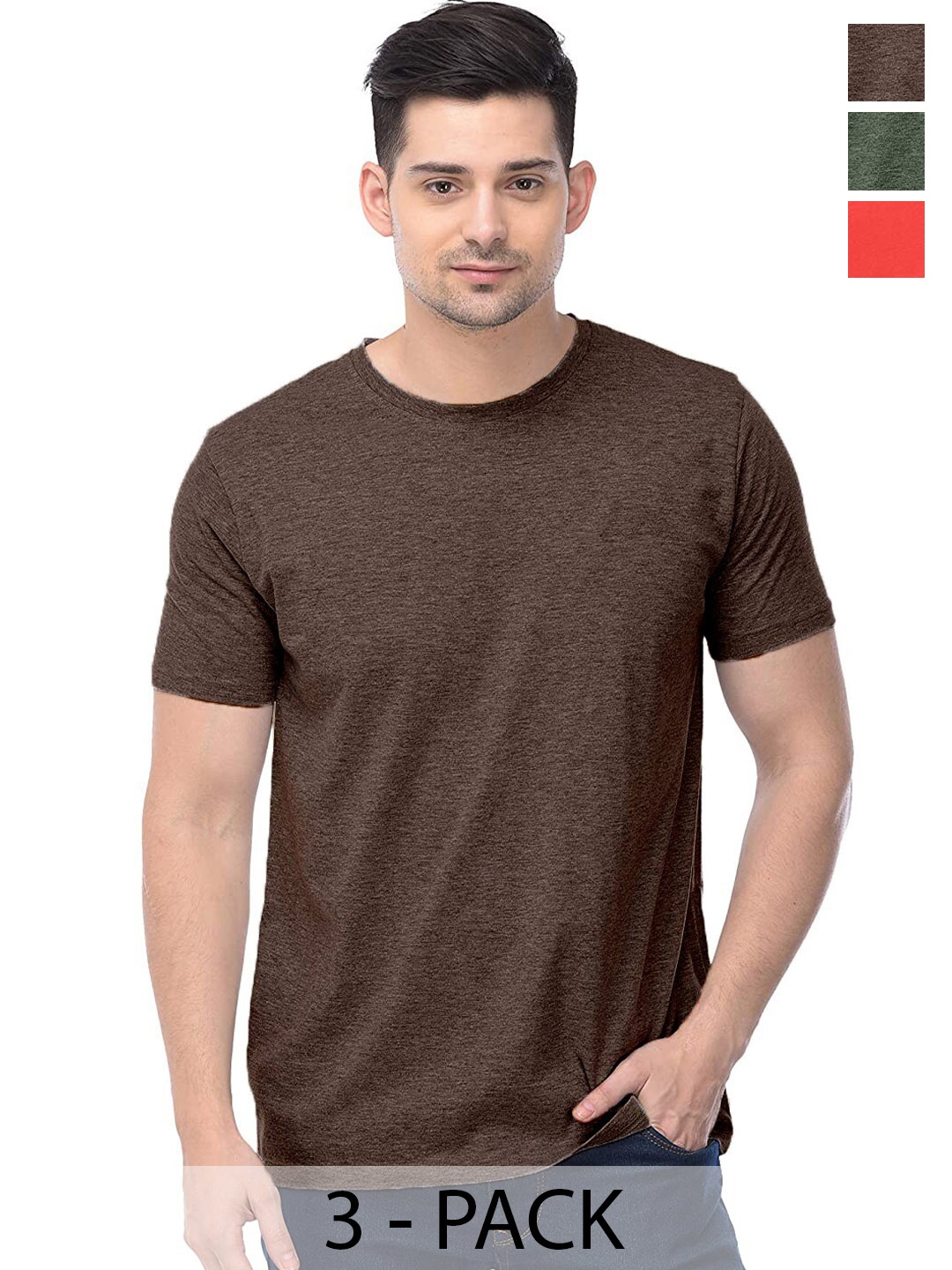 

COLOR CAPITAL Pack Of 3 Round Neck Cotton T-shirts, Brown