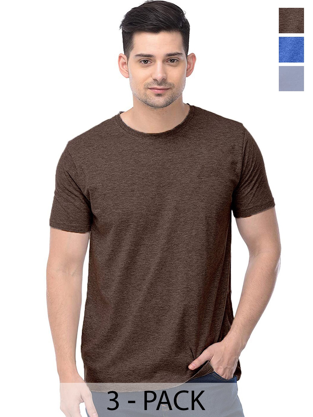 COLOR CAPITAL Pack Of 3 Round Neck Cotton T-shirt, Brown