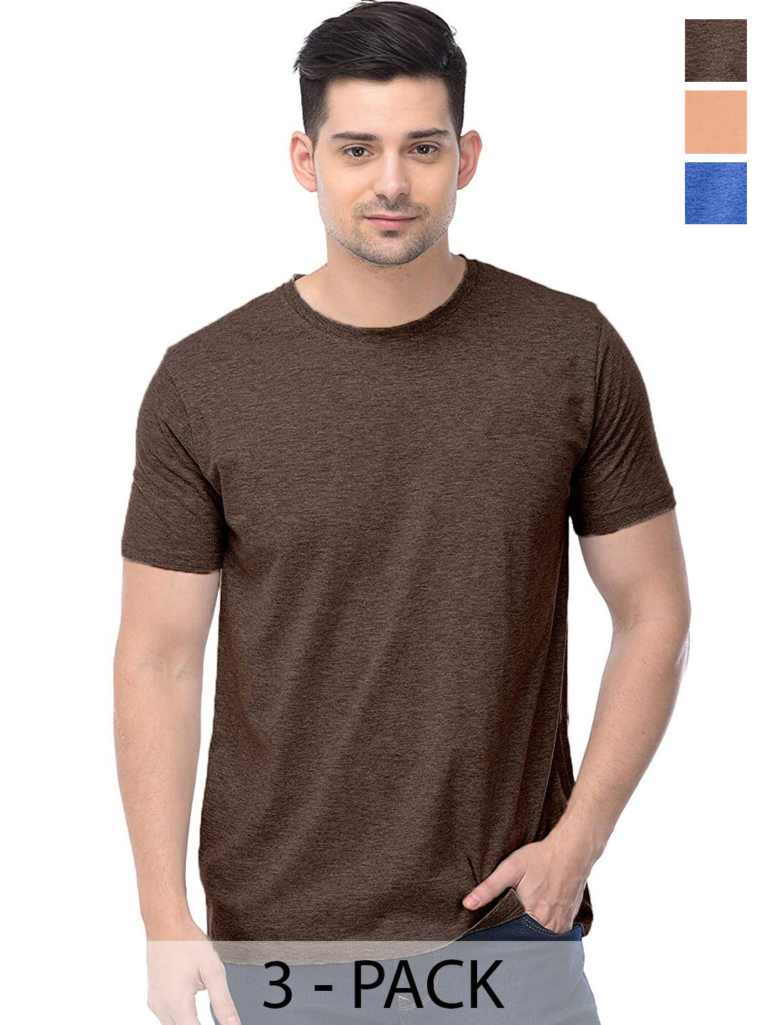 

COLOR CAPITAL Pack Of 3 Round Neck Short Sleeves Cotton T-shirts, Brown
