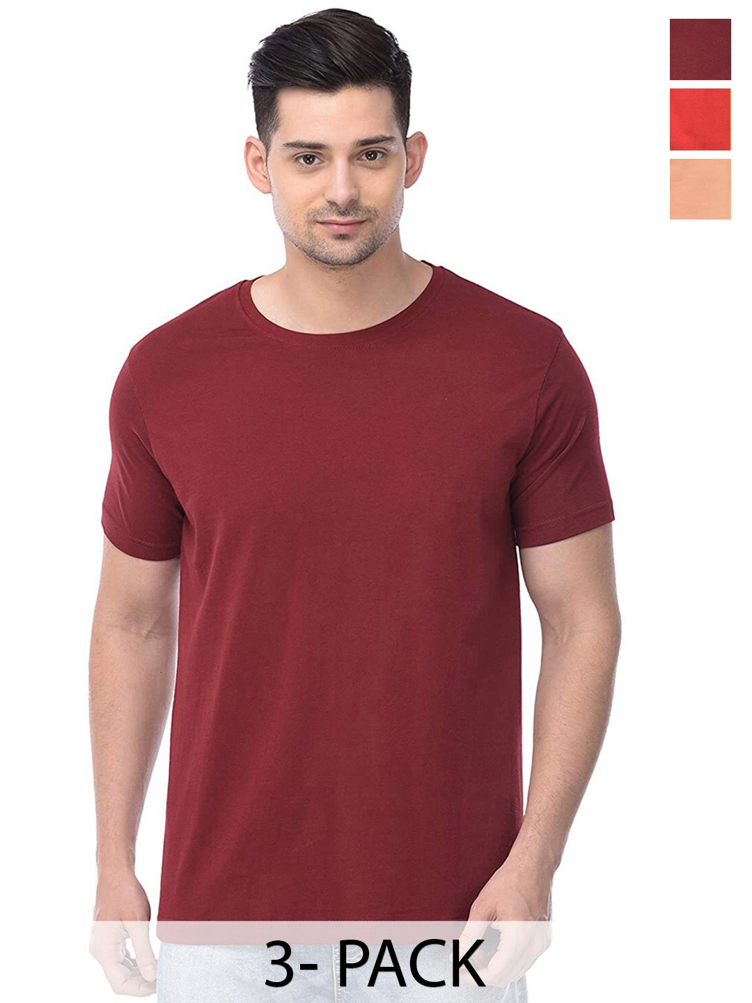 

COLOR CAPITAL Unisex Pack Of 3 Round Neck Cotton T-shirts, Maroon