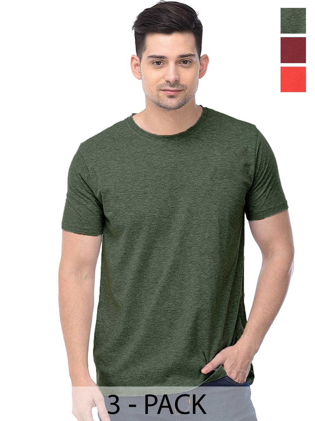 

COLOR CAPITAL Unisex Pack Of 3 Regular Fit Cotton T-Shirts, Olive