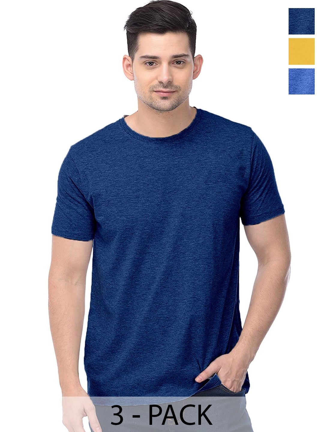 COLOR CAPITAL Unisex Pack Of 3 Cotton T-Shirt, Navy blue
