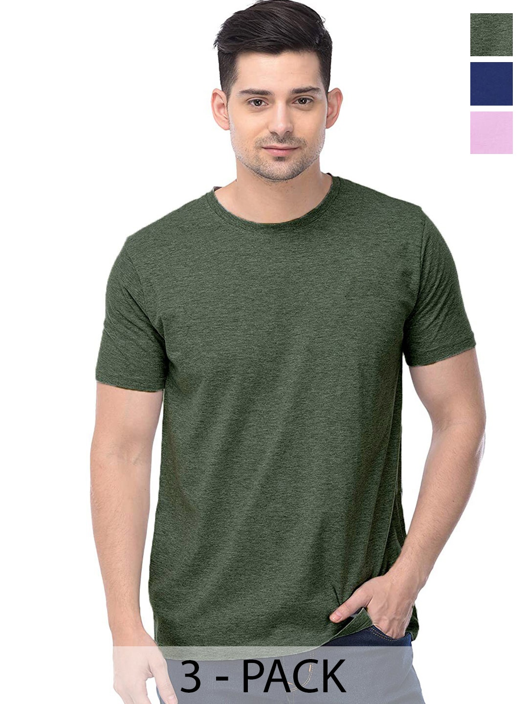 COLOR CAPITAL Unisex Pack Of 3 Round Neck Cotton T-shirts, Green
