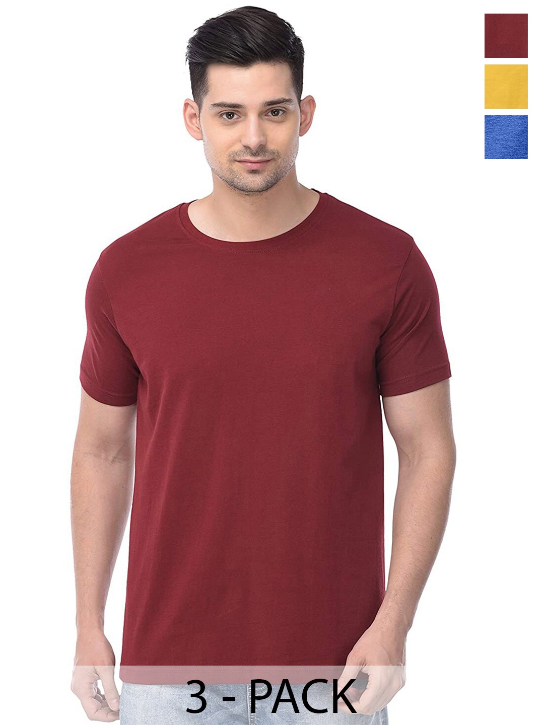 COLOR CAPITAL Unisex Pack Of 3 Round Neck Cotton T-shirts, Maroon