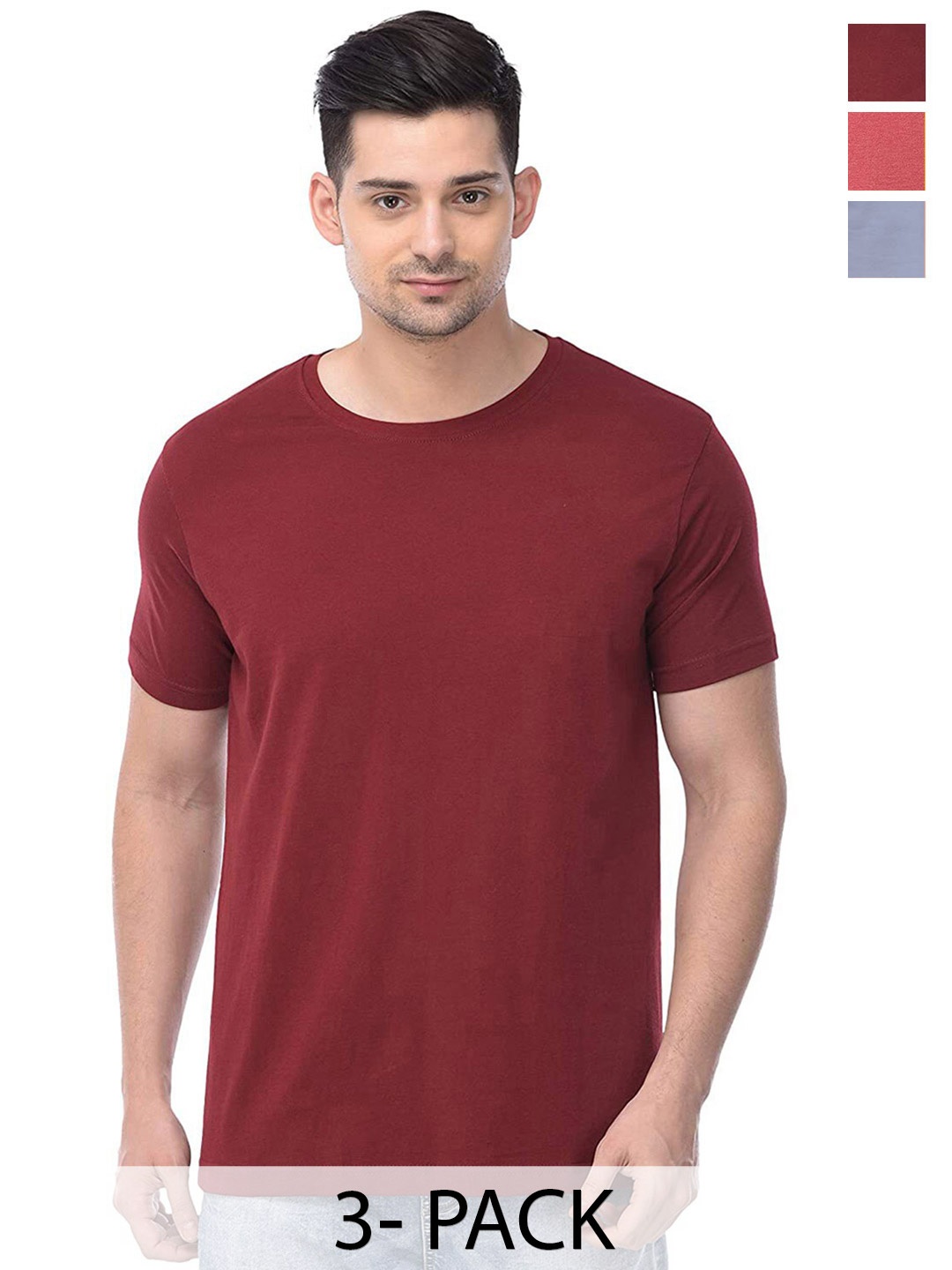 COLOR CAPITAL Unisex Pack Of 3 Cotton T-shirts, Maroon