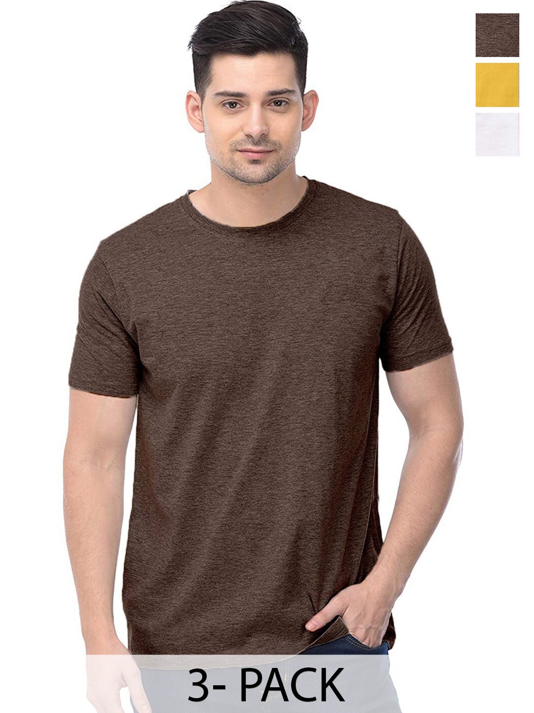 COLOR CAPITAL Unisex Pack Of 3 Round Neck Cotton T-shirts, Brown