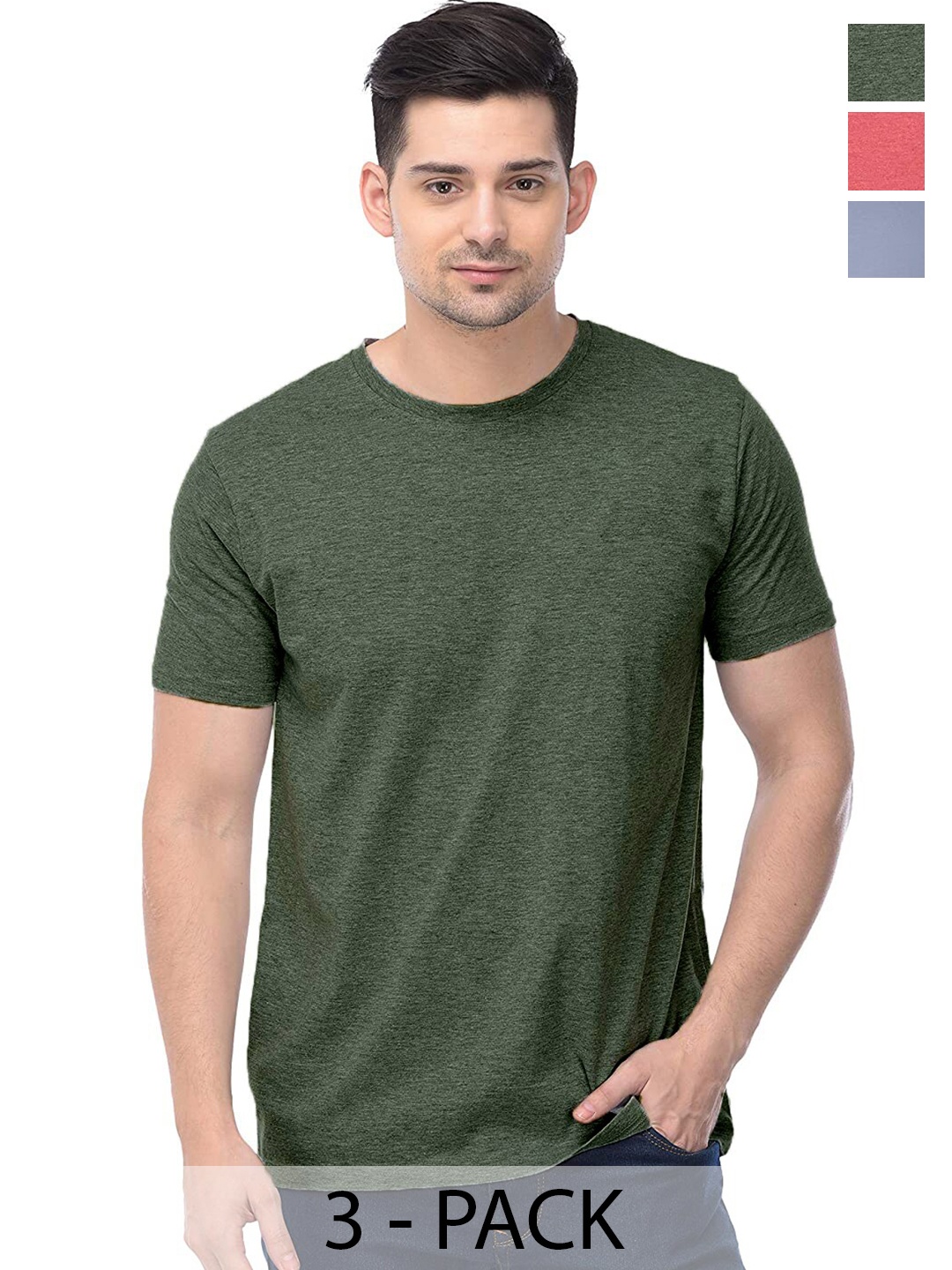 

COLOR CAPITAL Unisex Pack Of 3 Round Neck Cotton Casual T-shirt, Olive